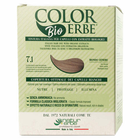 Color erbe tintura bio biondo cenere 7,1 estratti bio 60 ml + attivatore crema 60 ml + shampoo capelli tinti 10 ml + ristrutturante 10 ml + 1 paio guanti