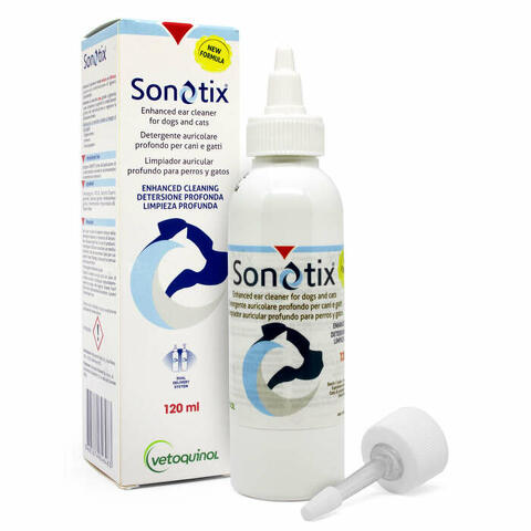 Sonotix detergente auricolare profondo cani e gatti 120ml + cannula corta rigida + cannula lunga flessibile