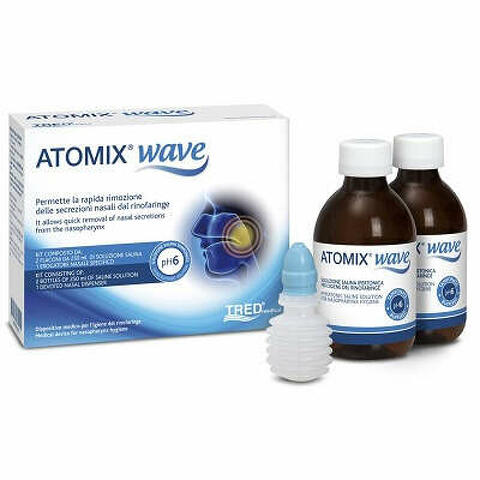 Atomix wave dispositivo per igiene rinofaringea atomix soluzione salina 250ml 2 pezzi + terminale nasale + erogatore a soffietto