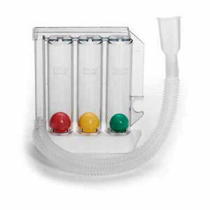 Air liquide medical syst - Dispositivo per esercitazione della respirazione con inspirazione monopaziente respiprogram corpo a 3 camere con indicatori mobili con tubo e boccaglio in polietilene