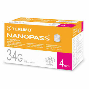 Terumo - Ago per penna da insulina nanopass 34 gauge lunghezza 4 mm 100 pezzi
